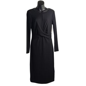 Nine West Dress Womens S  Black Midi Twist Front Side Slits Long Sleeve Sz S NWT